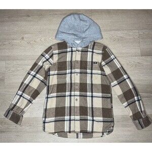 Vans Boys Sz. M 10-12 Flannel Beige Plaid Hoodie Hoody Long Sleeves Shirt